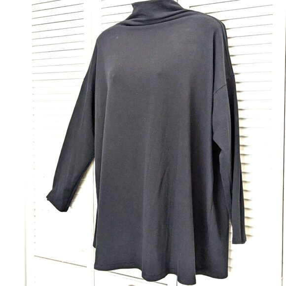Eileen Fisher Oversized Funnel Neck Tunic Top Large Black Brushed Terry Tencel - Picture 2 of 13